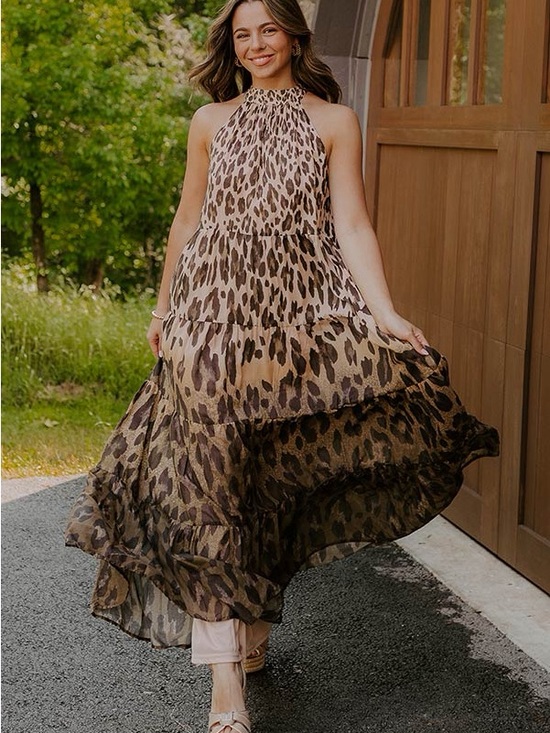 Impressions Dresses & Skirts - NWT Impressions Leopard Halter Tiered Maxi Dress - Brown